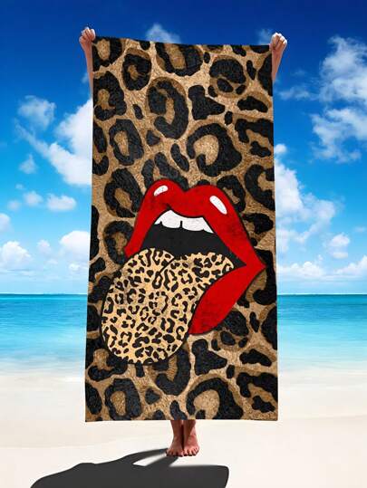 1pc Leopard Lip Print Microfiber Beach Towel - Quick-Dry, Lightweight & Soft, Perfect For Swimming, Gym, Yoga - Ideal Travel Companion, Gym Towel | Playful Design | Quickdry Fabric, Beach Towel Beach Essentials
