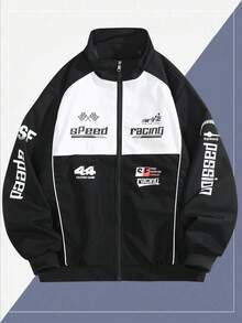 1 件男士字母印花长袖夹克，立领拉链休闲外套，赛车和摩托车风格，秋季 - 黑色 - 查看 1