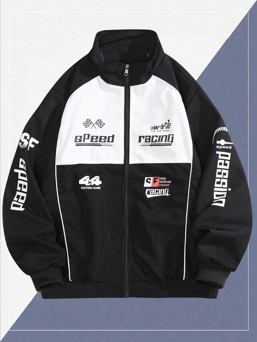 1 件男士字母印花长袖夹克，立领拉链休闲外套，赛车和摩托车风格，秋季 - 黑色 - 查看 1