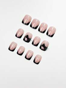 Instantly Enhances Your Charm 24pcs Press On Nails Short Classic Black French Tip Nails, Y2K Nail Art, Fashionable And Simple Short Square Nails, 3D Three-Dimensional Black Bow Decoration, Personalized Hot Girl, Detachable Press On Fake Nails, Casual Daily Nail Set, Suitable For Girls And Women's Daily Life, Beach Parties, Street Rock, Music Festival Nail Supplies
