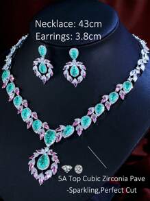 1 set colier și cercei cu zirconiu cubic în formă de lacrimă verde deschis, cu frunze roz, placați cu argint și zircon cubic, pentru femei, nuntă, logodnă, bal, club de noapte, concurs de nuntă