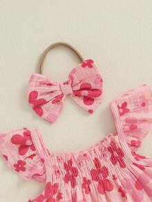Conjunto de 2 piezas de camisetas sin mangas y pantalones cortos con estampado floral y mangas abullonadas para bebé niña - Rosa - Ver 5