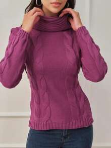 Women's Knitted Blouse High Neck With Front Brace Winter Elegant--- - 中紫紅色 - 查看 4