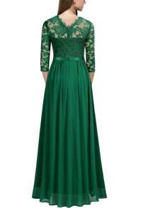 Vestido formal de fiesta elegante con pliegues en el bajo, de gasa y encaje floral, tela cómoda,