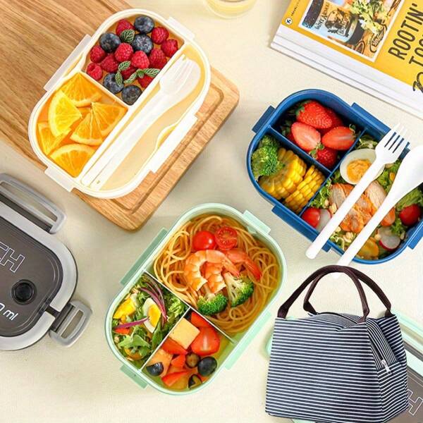 1pc Microwave-Safe Bento Lunch Box With 2 Compartments, Portable With Handle For Students,School Supplies
