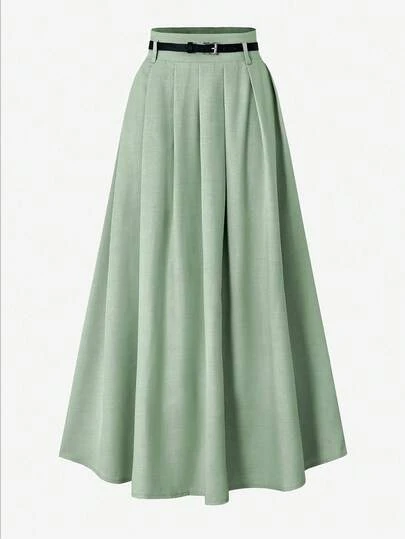 Women High Waist Pleated Long Skirt With Decorative Belt