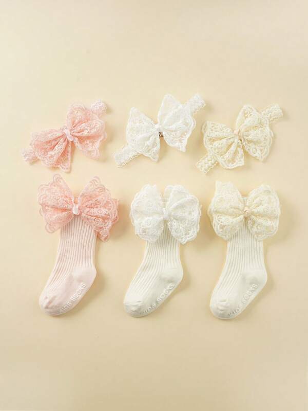 2pcs Newborn Baby Headband Hair Accessories & Socks Set, Comfortable & Cute Lace Bow Design, Lightweight & Casual For Princess, Suitable For Outdoor & Daily Use, Easter