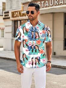 男士定制夏威夷衬衫，可个性化定制男女肖像、家庭成员、宠物、卡通人物和节日主题图案；趣味衬衫，百搭款式。 - 白色 - 查看 3