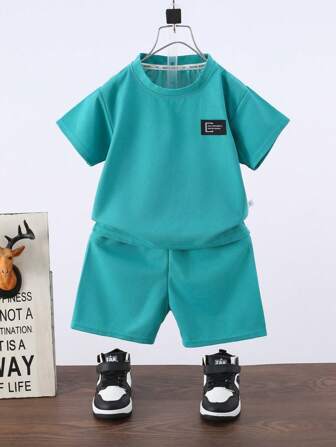 2pcs/Set Kids Summer Short Sleeve Outfit, Boys Girls Blue T-Shirt And Shorts Set, Toddler Casual Sport Suit