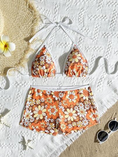 Set de 2 piezas Bikini de mujer con estampado de flor de margarita casual, traje de baño lindo para verano, playa, vacaciones, fiesta, viaje, deporte