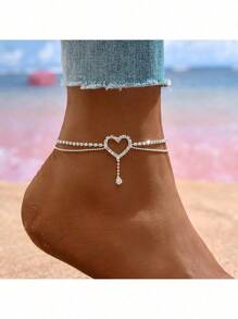 Adjustable Heart-Shaped Ankle Chain - Bohemian Tennis Ankle Chain With Diamond Crystal Layered Bead Design, Suitable For Women And Girls With Adjustable Summer Beach Jewelry, Minimalist Ankle Chain For Weddings/Beach Vacations | Crystal Heart-Shaped Ankle Chain Decorated With Pearl Chains