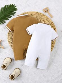 2 piezas Conjunto de pelele de manga corta con cuello tipo polo y estampado de dinosaurios para niños pequeños, para verano