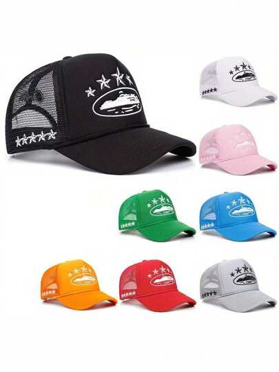 1pc Men's Five-Pointed Star Embroidered Trucker Cap, Fashion Element Baseball Hat, Outdoor Sun-Proof Casual Mesh Cap For Spring, Autumn, Travel, Beach