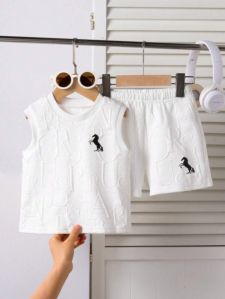 2pcs/Set Toddler Boys Fashionable Casual Sports Outdoor Soft & Breathable English Letter & Cartoon Horse Pattern Vest & Shorts Set For Summer
