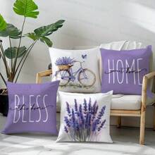 4 paquetes de fundas de cojín decorativas con diseño floral moderno, de 17.7x17.7 pulgadas, de poliéster lavable a máquina con cierre de cremallera, fundas de cojín tejidas para decoración del hogar, sofá y dormitorio - Diseño de floración de lavanda de primavera