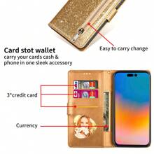Glitter Zipper Wrist Strap Wallet Card Holder Solid Color Flip Phone Case Suitable For IPhone 16, Galaxy S25, Xiao Mi 14