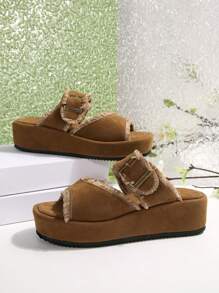 Women's Comfortable Lightweight Platform Slip On Sandals, Bohemian Cute Buckle Adjustable Super Light Elevated Elegant For Vacation Indoor Outdoor All Season