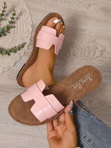 Giày sandal đế bệt kiểu Hàn Quốc cho nữ, Giày sandal La Mã dệt hở mũi mùa hè, Giày đế bệt thời trang thoải mái để mặc với váy, đi biển và quanh nhà, Màu nâu - Hồng - Xem 2