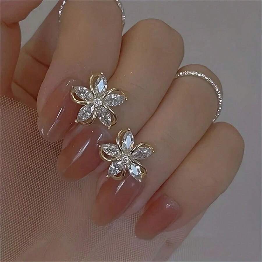 1 Pc Lightweight Floral Stud Earrings For Daily Wear - Sparkling Cubic Zirconia In Rose Gold, Comfort Fit Stainless Steel Backs, Delicate - Nhiều màu - Xem 1
