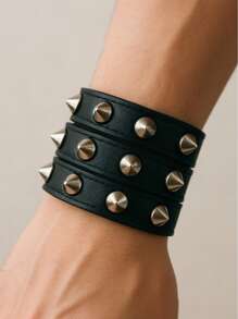Black Bracelet With 3 Rows Of Spikes – Rock, Gothic, Free Style