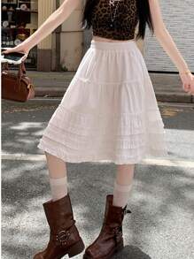 High-Waisted Flowy Ruffle Trim A-Line Skirt, White Casual Versatile Cake Skirt, Summer 2025 Korean Style