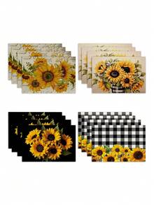 1pc/2pcs/4pcs/6pcs-Sunflower Checkered Illustration Green Leafy Plant Placemat, A Simple And Fresh Style Green Tropical Printed Linen Table Mat Combination, Suitable For Daily Decoration Party Table Mats In Spring And Summer - Multicolor - View 1