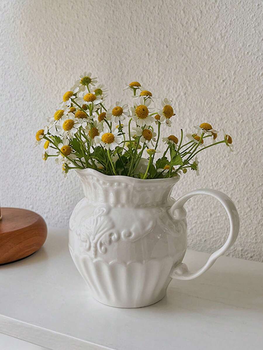 1 pieza Jarra de leche de cerámica con relieve barroco, jarra de estilo europeo vintage para arte de café con leche, jarra de leche para el té de la tarde de gran capacidad, decoración de escritorio estilo palacio