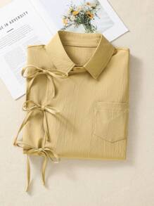 Women's Solid Color Knot Detail Lapel Shirt With Pocket & Button-Front - Stylish Short Sleeve Blouse For Dating Night, Festive Events, Daily Wear & Travel (Spring Summer Fall)