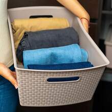 Juego de 3 cestas de almacenamiento de plástico de 22L, contenedores de plástico para la organización del hogar, cajas de plástico, cajas de almacenamiento, almacenamiento multifuncional para varios espacios - Beis - Ver 8