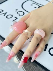 3pcs Delicate Pink Vintage Personalized Transparent Geometric Rings Set, Versatile Daily Wear, Suitable As Gift For Friends