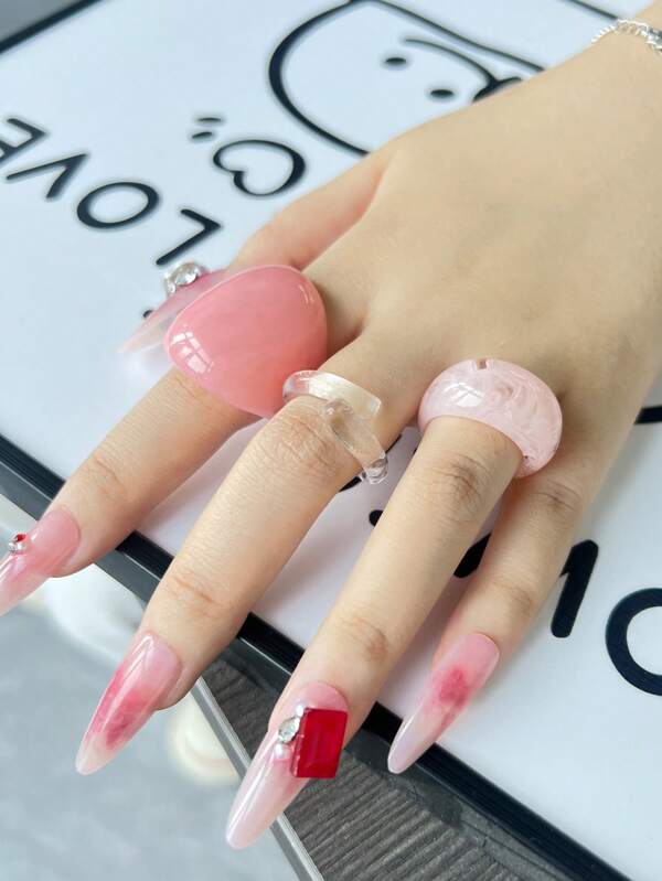 3pcs Delicate Pink Vintage Personalized Transparent Geometric Rings Set, Versatile Daily Wear, Suitable As Gift For Friends
