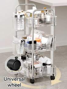 1pc Household Transparent Movable Cosmetic Small Cart Storage Rack, Large Capacity Multifunctional Bathroom Finishing Display Rack, Bathroom Accessories - Multicolor - View 2