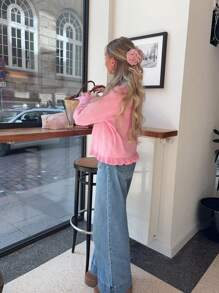 Cardigan lavorato a maglia dalle linee romantiche, con bottoni frontali, in colore rosa, design in pizzo, maglia casual, girocollo, manica lunga, adatto per uso quotidiano, vacanze, san valentino, giacca leggera