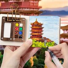 便携式口袋艺术家水彩套装，迷你木质网格颜料盒带调色盘，旅行写生套装包含水彩笔、颜料，随时随地激发您的艺术灵感 - 均碼 - 查看 12