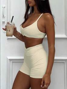 AiTyi 女式两件套，休闲时尚性感舒适栗色运动时尚，适合毕业、返校、百搭吊带背心和短裤针织装 - 淡黃色 - 查看 5