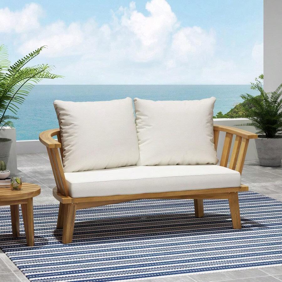 Household-Outdoor Wooden Loveseat With Cushions - White/Teak - 55.50" W X 27.00" D X 25.50" H-1747 - Multicolor - View 1