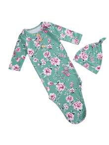 Conjunto de 2 sacos de dormir para bebé, estilo pastoral informal, cuello redondo, manga larga, estampado floral de dibujos animados, bolsillo para dormir con botones y gorro redondo elástico. - Verde - Ver 1