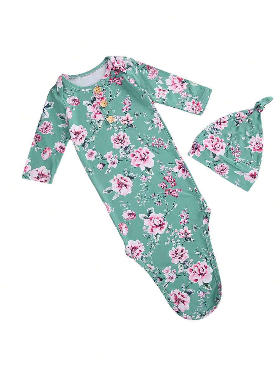Conjunto de 2 sacos de dormir para bebé, estilo pastoral informal, cuello redondo, manga larga, estampado floral de dibujos animados, bolsillo para dormir con botones y gorro redondo elástico. - Verde - Ver 1