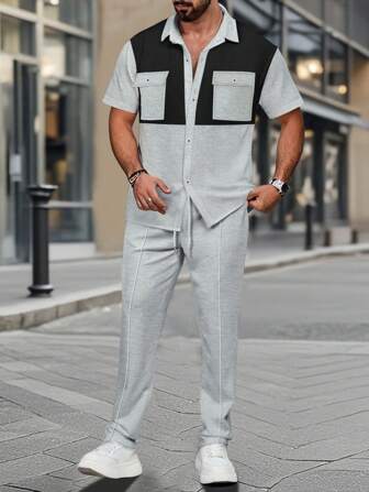 2pcs Men Casual Fashionable Contrast Color Silver Button Decorated Big Pocket Lapel Collar Shirt + Trousers, Spring/Summer Hawaiian Sports Vacation Outfit