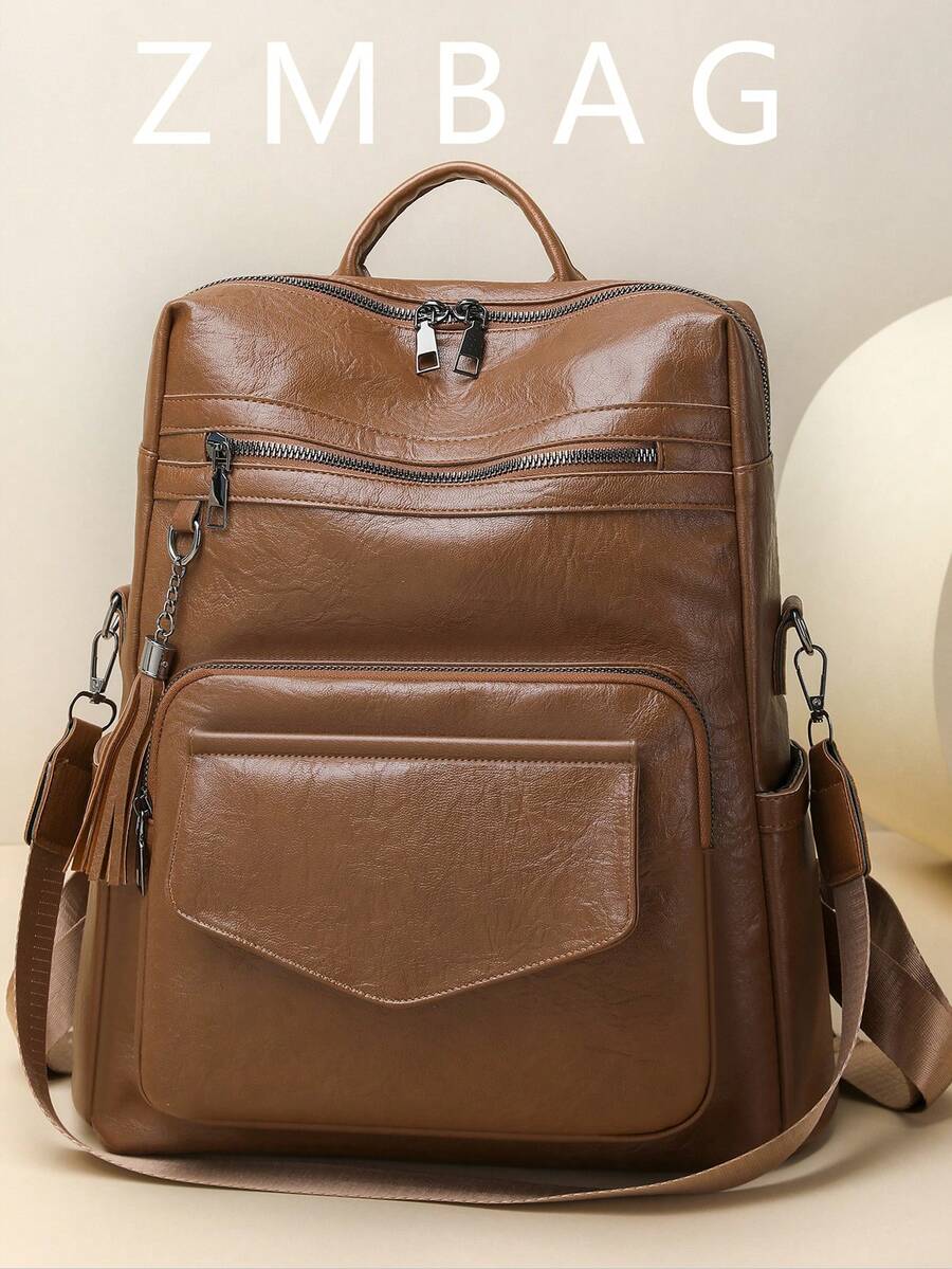 Mochila cuadrada de nailon para mujer con diseño simple, mochila de gran capacidad estilo universitario - Marrón - Ver 1