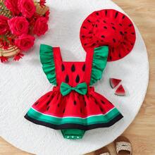 Set de 2 piezas vestimenta de verano para bebés niñas con mono informal y gorro con estampado de sandía