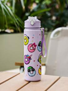 1pc 700ml/23oz Cartoon Donut Pattern Plastic Water Bottle, Children Plastic Water Cup With Lid, Lockable Design, Lanyard, Portable For School, Outdoor Sports, Camping, Picnic