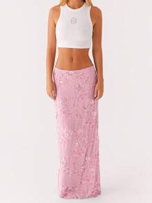 Women Summer Skirt Casual Elegant Sequin Floral Embroidery Long Skirt For Beach Vacation Club Streetwear - 粉色 - 查看 1