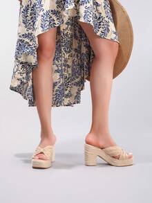 绳状坡跟厚底凉鞋，交叉带露趾，夏季度假休闲高跟厚底拖鞋，日常时尚女鞋 - 杏色 - 查看 11