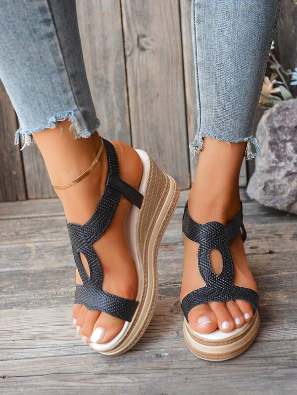 Women's Summer Wedge Heel Sandals, Elegant Fashion Casual Versatile Hollow-Out Upper Wedge Heel Sandals, Outdoor Party Black Sandals, Comfortable Sole Lightweight High Heel White Elastic Strap Women Beach Sandals