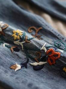 Bohemia Fashion Flowers Embroidered Tapered Jeans - Thin And Breathable, Ripped Holes, High Waisted, Women's Loose Fit Cropped Pants For Summer - 藏蓝色 - 查看 5