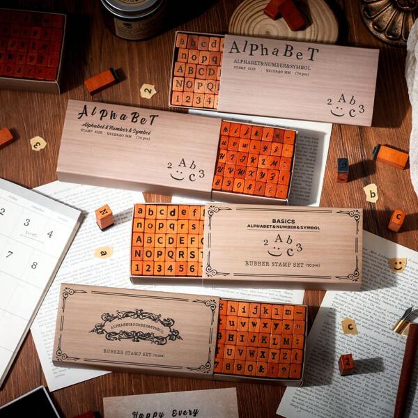 70pcs/Box Wooden Stamp Set, Uppercase & Lowercase English Letters + Numeric Symbols, Combination Scrapbooking Stamp, Retro Decoration Tool, Student Gift & Office Supplies, Diary Decoration,Back To School,School Supplies