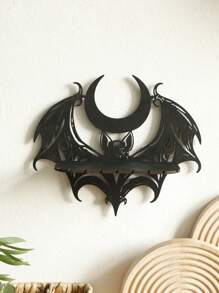 1pc Boho Bat - Wing Shaped Wall Shelf With Crescent Moon Design, Gothic Decorative Wall Shelf For Home, Witchy - Themed Crystal And Candle Display Shelf, Handmade Black Metal And Wood Wall Accent, Eclectic Home Decor For Bedroom, Living Room