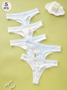 5 SZTUK Śliczna Drukowana Bielizna Seksowna Kokardka Stringi Koronkowe Białe Damskie Bielizna Fajne I Elastyczne Letnie Casualowe Majtki Sportowe Dla Kobiet Oddychające Miękkie I Wygodne Stringi