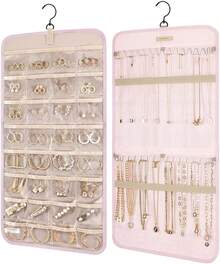 Organizador de Joyería Colgante de Doble Cara, Enrollador de Joyería de Viaje, Caja de Joyería de Doble Cara con Ganchos Giratorios, Adecuado para Armarios, Paredes y Puertas para Collares, Pendientes, Anillos, Broches, etc. - Negro - Ver 6